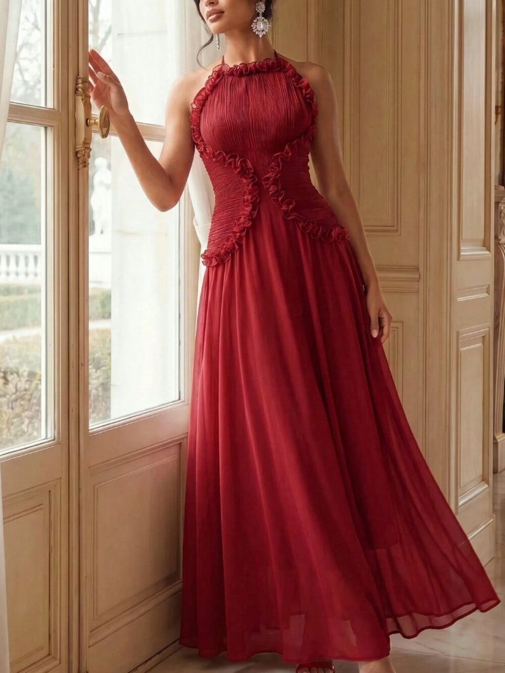 Red Elegant Women's Spaghetti Strap Ruched Waist Flounce Hem Maxi Dress - Picture 5 of 8
